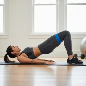 Woman performing a glute bridge on a yoga mat using a blue short band for resistance.