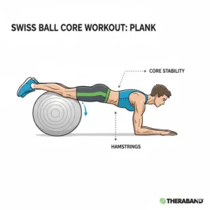 An illustration of a person performing a plank with their shins resting on a theraband swiss ball to improve core strength.