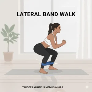 Instructional diagram of lateral band walks using mini loop bands around the ankles for hip abduction strengthening