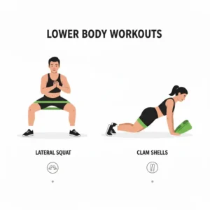 An athlete performing lateral walks using green colour coded resistance bands around their thighs.