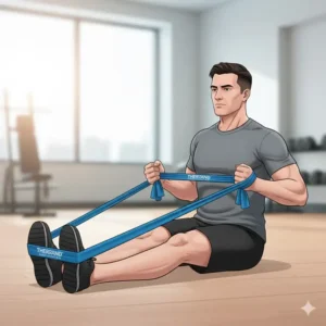 Illustration of a seated row exercise using a theraband blue resistance band for upper back and posture strengthening.