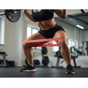 Close-up of a red exercise band positioned around the knees during a squat exercise.