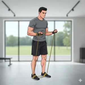 Illustration 2: An athlete performing high-resistance bicep curls using a gold theraband for upper body strength.