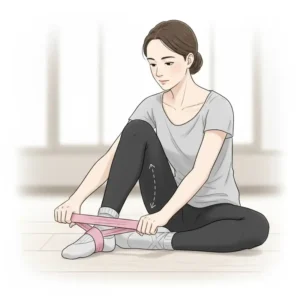 A detailed illustration of a dancer sitting on the floor performing foot exercises with dance stretch bands to improve arch strength.