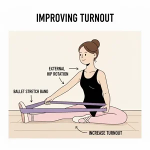 A technical illustration showing how to improve hip turnout with a resistance ballet stretch band.