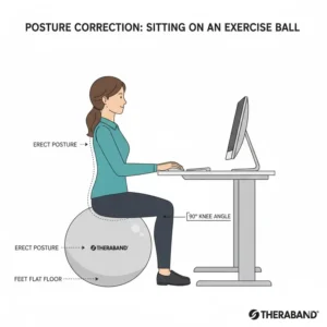 A side-view illustration showing proper ergonomic posture while sitting on a theraband swiss ball at a desk.