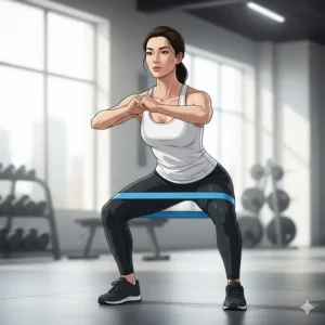 An athlete performing squats with a theraband blue resistance band placed above the knees for added tension.