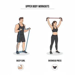 A person doing bicep curls with a heavy-duty blue colour coded resistance bands for upper body strength.