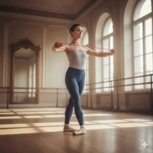 A ballet dancer building upper body strength and posture with a thera band ballet.