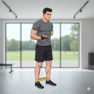Illustration 3: A fitness enthusiast demonstrating deep squats with a gold theraband to increase lower body power.
