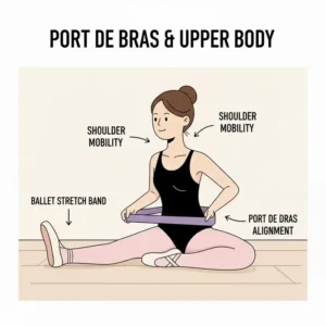 A demonstration of port de bras and upper body alignment exercises using a ballet stretch band.