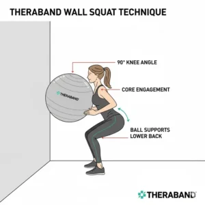 Diagram demonstrating a wall squat exercise with a theraband swiss ball placed between the lower back and the wall.