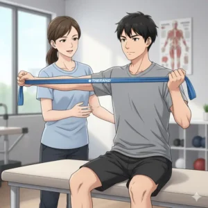 A physical therapy patient using a theraband blue resistance band for external shoulder rotation exercises.