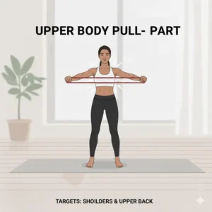 Illustration of a shoulder retraction exercise using mini loop bands held between the palms to improve posture.