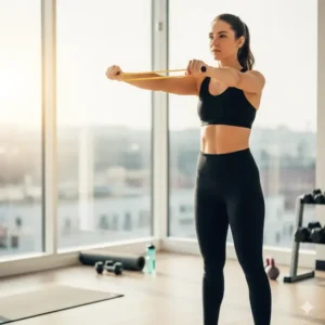 Fitness enthusiast performing shoulder lateral raises using a yellow short band.