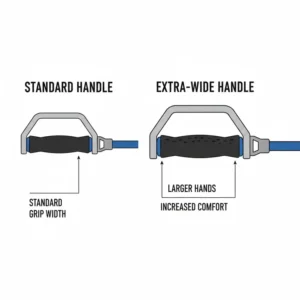 A comparison between a standard and an extra-wide band handle for different hand sizes.