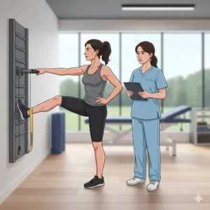 Illustration 4: A medical professional guiding a patient through advanced recovery exercises using a gold theraband.