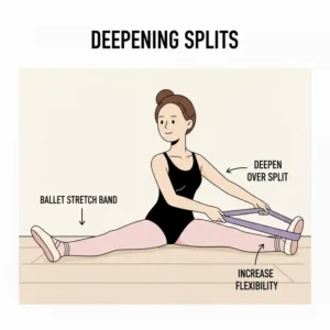 An instructional drawing showing a dancer deepening their side splits with the help of a ballet stretch band.
