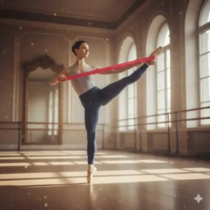 Supporting higher leg extensions and arabesque lines with a thera band ballet.