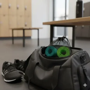 Two rolled-up short band sets placed inside a mesh travel pouch in a gym bag.
