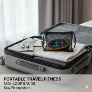 A compact mesh carry bag containing a set of mini loop bands, highlighting their portability for travel workouts.
