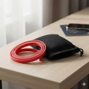 A coiled red exercise band next to a small carry pouch to show portability.
