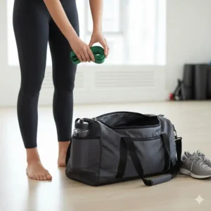A compact and rolled-up theraband stretch strap ready for travel or gym use.