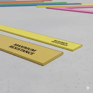 Illustration 5: A detailed comparison image highlighting the heavy-duty thickness of the gold theraband versus lighter versions.