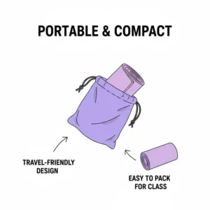 A lifestyle illustration of a compact ballet stretch band packed in a travel-friendly carry bag.
