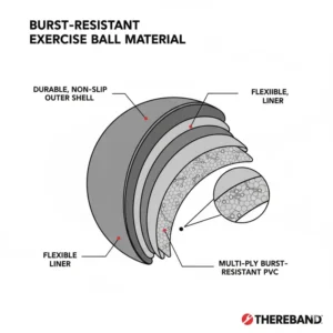 A technical cross-section illustration highlighting the high-quality burst-resistant PVC material of a theraband swiss ball.