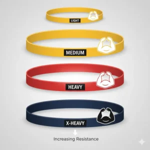 An infographic highlighting the medium resistance level of the red exercise band.