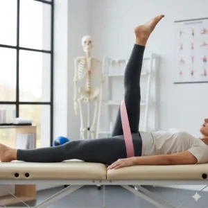 A patient performing leg raises with a pink short band during a physical therapy session.