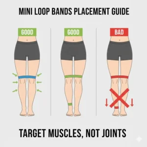 Graphic guide showing correct anatomical placement of mini loop bands for various lower body resistance exercises.