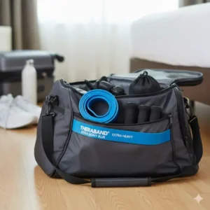 A folded theraband blue resistance band in a gym bag demonstrating its portability for home or travel workouts.
