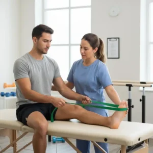 A patient in a clinic using a theraband stretch strap for guided physical therapy.