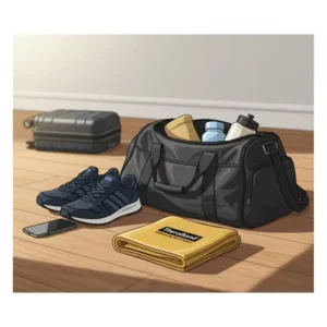Illustration 6: A compact and travel-ready gold theraband placed next to a gym bag for mobile strength training.
