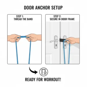 A diagram showing how to safely attach colour coded resistance bands to a door anchor for a stable workout.