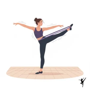 A contemporary dancer performing a full-body conditioning routine using long-loop dance stretch bands for core stability.