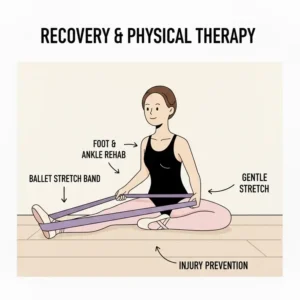 A recovery guide showing gentle foot and ankle rehab exercises performed with a ballet stretch band.