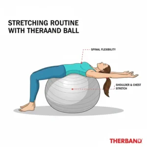 An illustration of a yoga-inspired back stretching routine performed over the curve of a theraband swiss ball.
