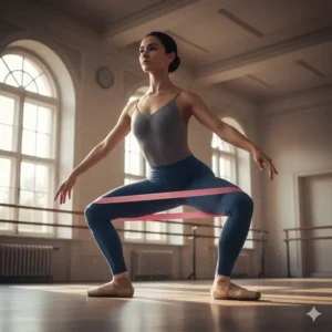 Proper knee tracking and alignment during a plié assisted by a thera band ballet.