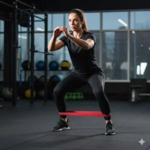 An athlete doing monster walks with a red short band around the ankles for warm-up.