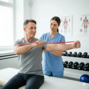 A patient in physical therapy using a red exercise band for shoulder rehabilitation.