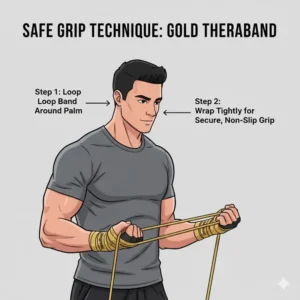 Illustration 7: A close-up instructional diagram on how to securely wrap the gold theraband around your hands for safe use.