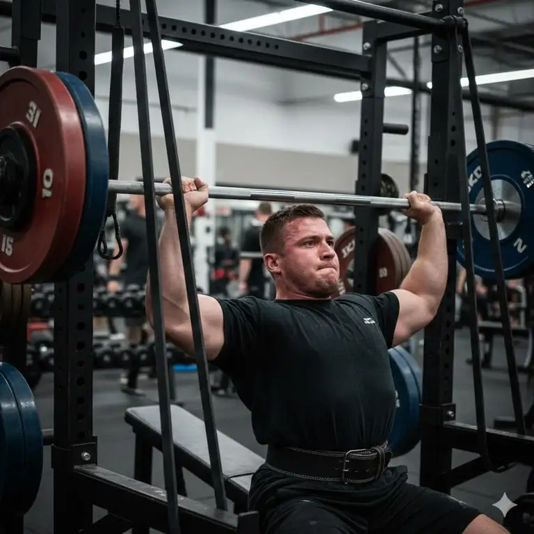 A professional athlete using a bench band to increase resistance during a heavy chest press session.