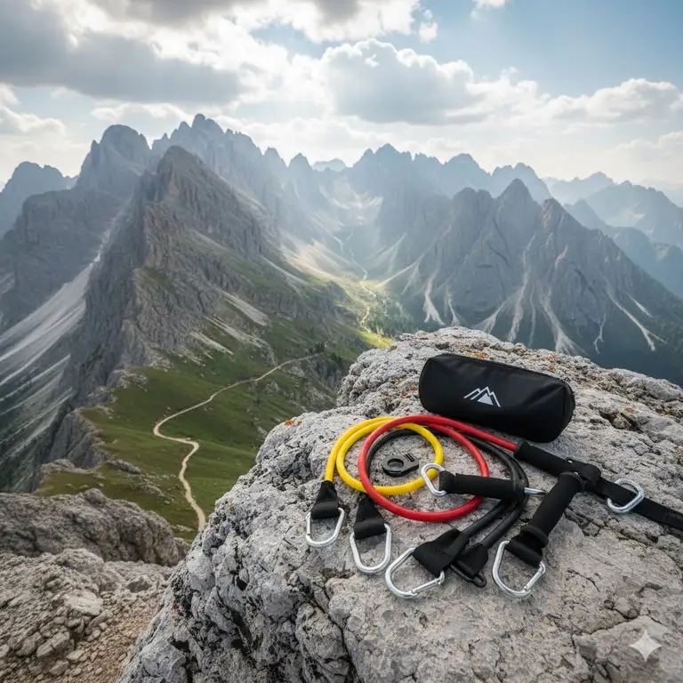 A complete set of mountain resistance bands displayed on a rocky alpine peak.