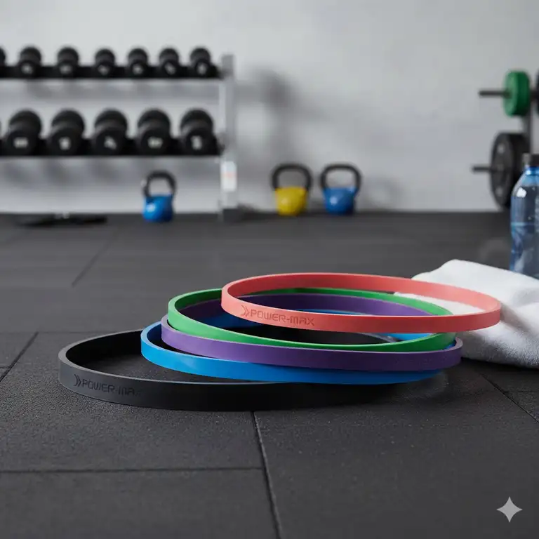 A professional display of a complete set of power band resistance bands on a gym floor.