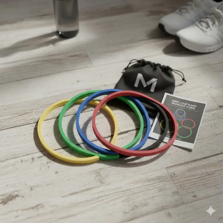 A complete set of five colorful latex mini loop resistance bands ranging from light to extra-heavy resistance on a gym floor.