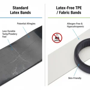 A side-by-side material comparison between standard rubber and hypoallergenic latex free exercise bands for skin safety.
