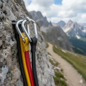 Close-up of the heavy-duty carabiners and material of the mountain resistance bands.